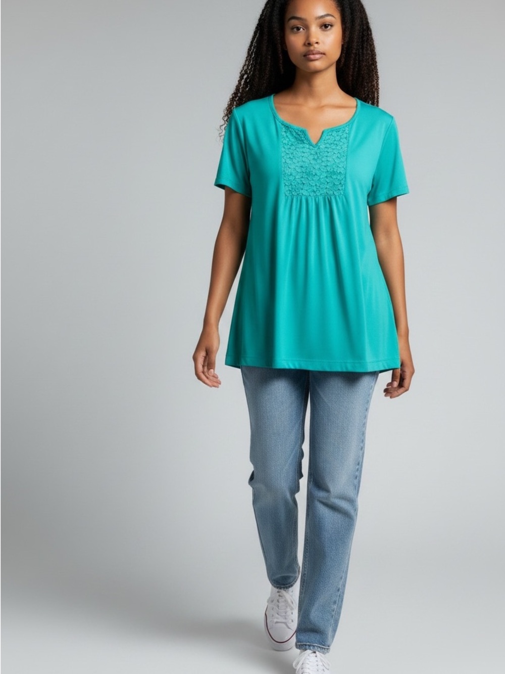 Riders by Lee polyester blend flowy Women's teal Short-Sleeve Crochet Yoke Top L